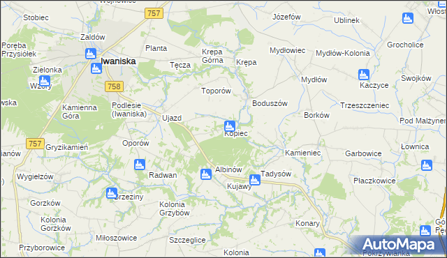 mapa Kopiec gmina Iwaniska, Kopiec gmina Iwaniska na mapie Targeo
