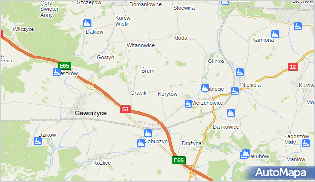 mapa Korytów gmina Gaworzyce, Korytów gmina Gaworzyce na mapie Targeo