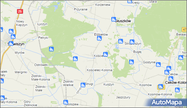 mapa Kościelec gmina Mycielin, Kościelec gmina Mycielin na mapie Targeo