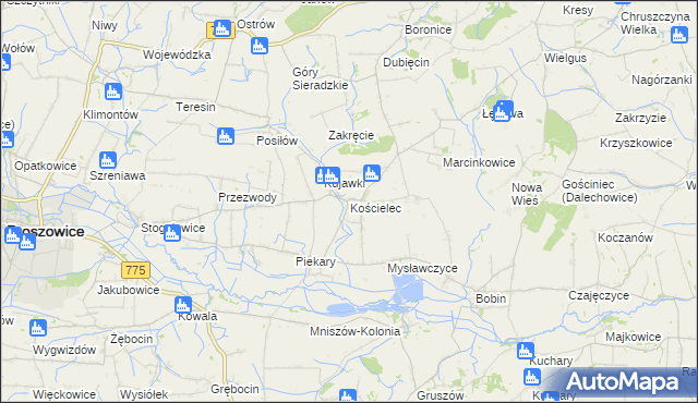 mapa Kościelec gmina Proszowice, Kościelec gmina Proszowice na mapie Targeo