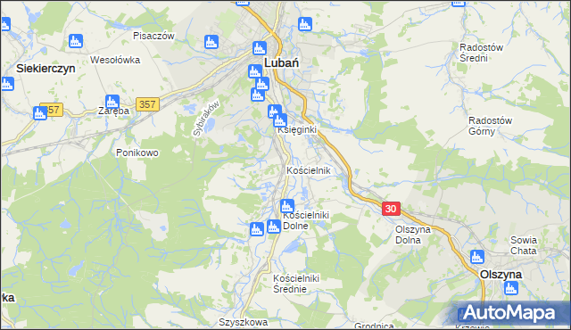 mapa Kościelnik gmina Lubań, Kościelnik gmina Lubań na mapie Targeo