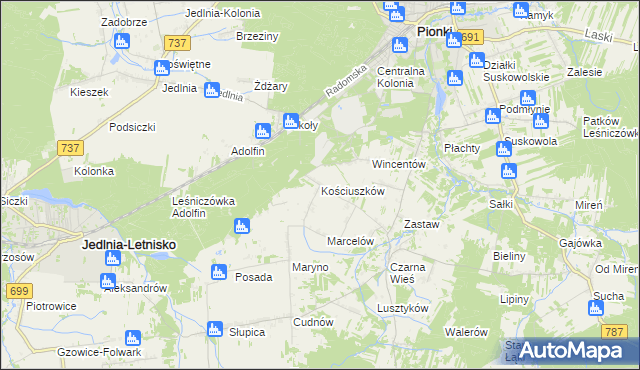 mapa Kościuszków gmina Pionki, Kościuszków gmina Pionki na mapie Targeo