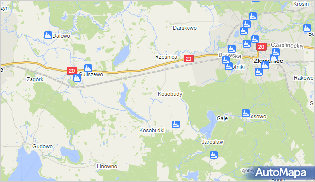 mapa Kosobudy gmina Złocieniec, Kosobudy gmina Złocieniec na mapie Targeo