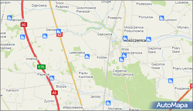 mapa Kosów gmina Moszczenica, Kosów gmina Moszczenica na mapie Targeo