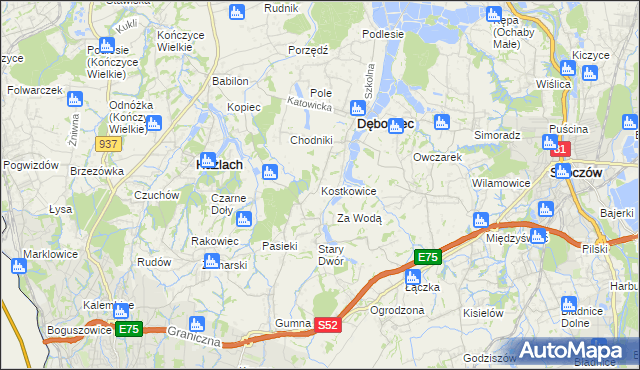 mapa Kostkowice gmina Dębowiec, Kostkowice gmina Dębowiec na mapie Targeo