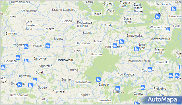 mapa Kostrza gmina Jodłownik, Kostrza gmina Jodłownik na mapie Targeo