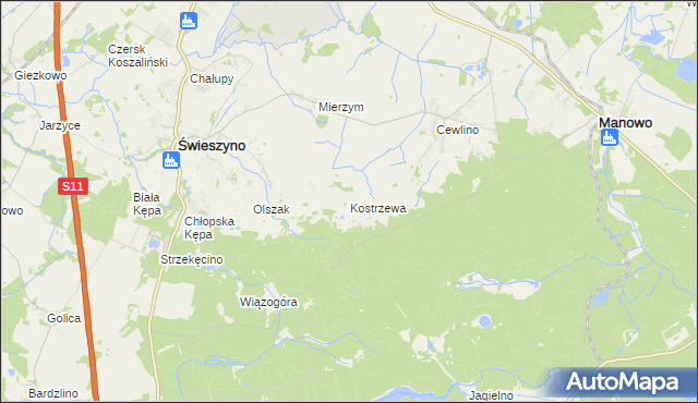 mapa Kostrzewa gmina Manowo, Kostrzewa gmina Manowo na mapie Targeo