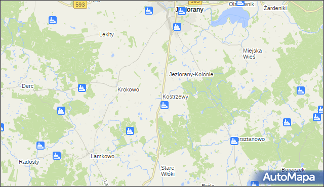 mapa Kostrzewy gmina Jeziorany, Kostrzewy gmina Jeziorany na mapie Targeo