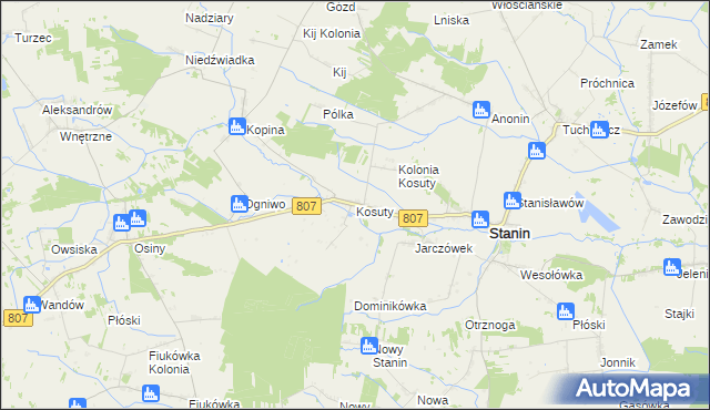 mapa Kosuty gmina Stanin, Kosuty gmina Stanin na mapie Targeo