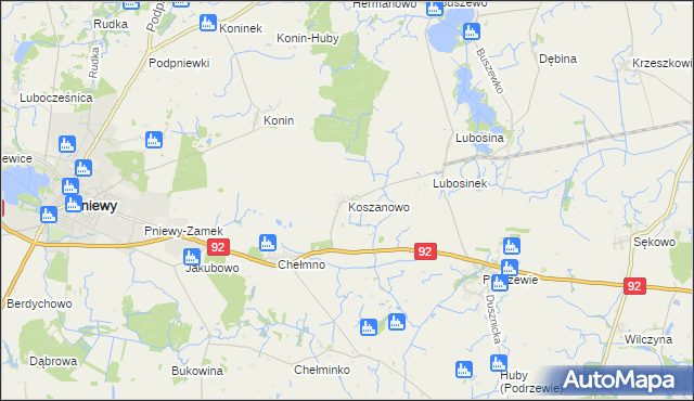 mapa Koszanowo gmina Pniewy, Koszanowo gmina Pniewy na mapie Targeo