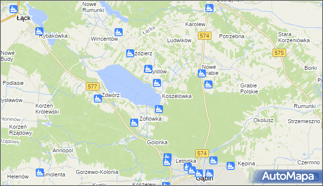 mapa Koszelówka gmina Łąck, Koszelówka gmina Łąck na mapie Targeo