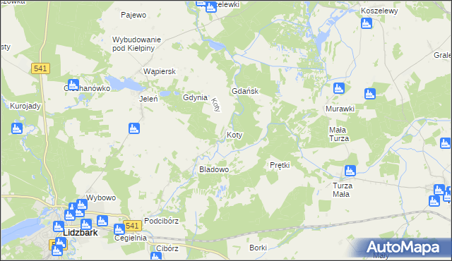 mapa Koty gmina Lidzbark, Koty gmina Lidzbark na mapie Targeo