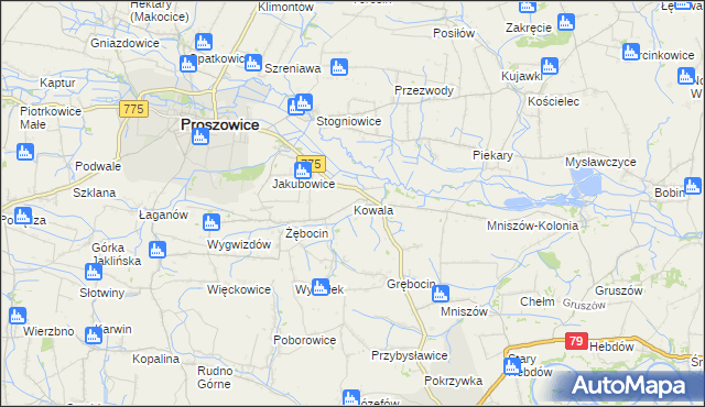 mapa Kowala gmina Proszowice, Kowala gmina Proszowice na mapie Targeo