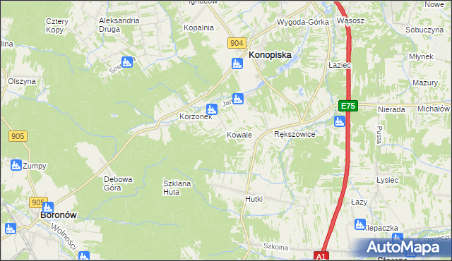 mapa Kowale gmina Konopiska, Kowale gmina Konopiska na mapie Targeo