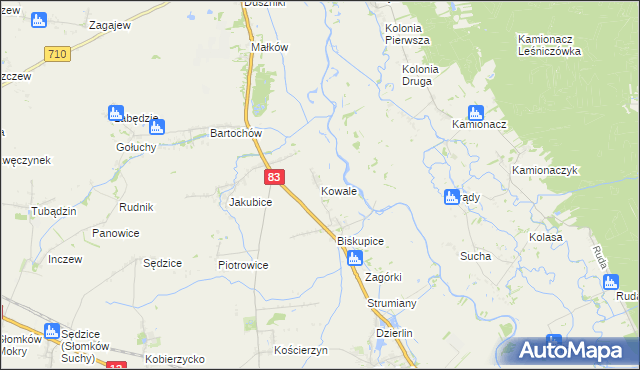 mapa Kowale gmina Sieradz, Kowale gmina Sieradz na mapie Targeo