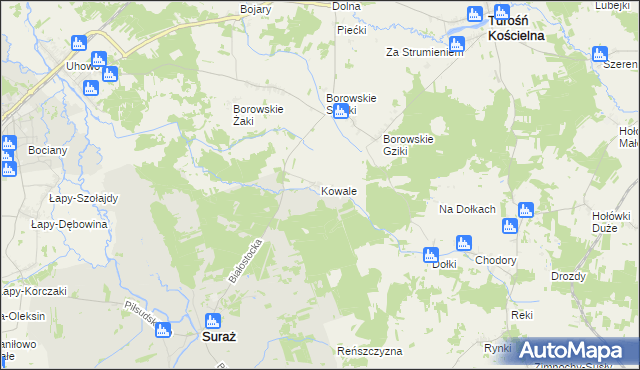 mapa Kowale gmina Suraż, Kowale gmina Suraż na mapie Targeo