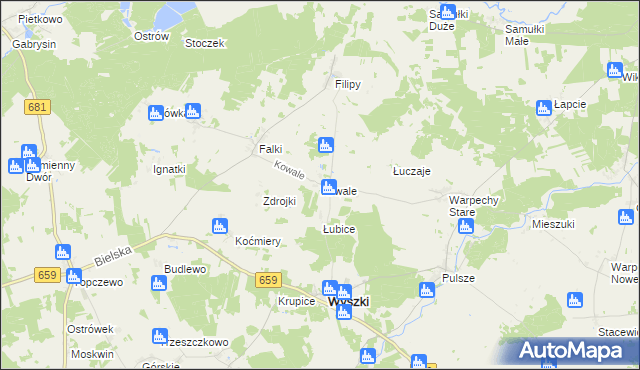 mapa Kowale gmina Wyszki, Kowale gmina Wyszki na mapie Targeo