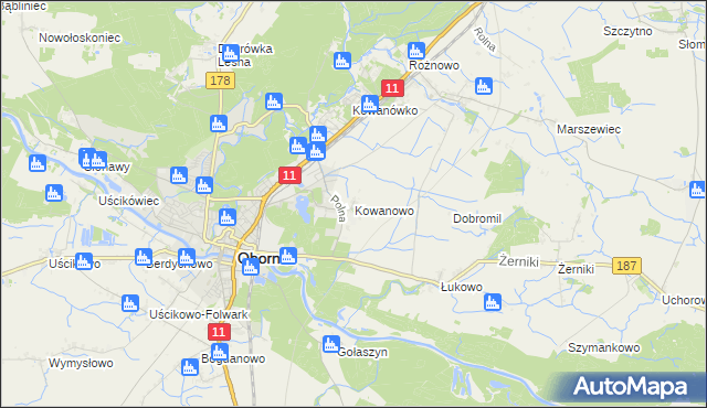 mapa Kowanowo gmina Oborniki, Kowanowo gmina Oborniki na mapie Targeo