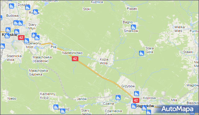 mapa Kozia Wola gmina Stąporków, Kozia Wola gmina Stąporków na mapie Targeo