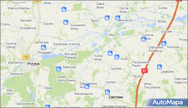 mapa Kozia Wola gmina Zakrzew, Kozia Wola gmina Zakrzew na mapie Targeo