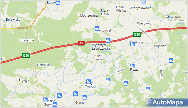 mapa Kozie Laski gmina Nowy Tomyśl, Kozie Laski gmina Nowy Tomyśl na mapie Targeo