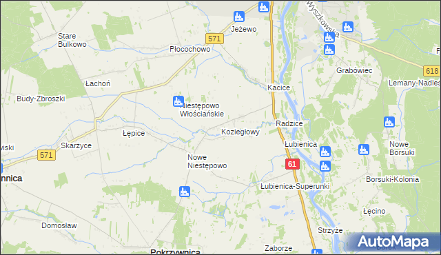 mapa Koziegłowy gmina Pokrzywnica, Koziegłowy gmina Pokrzywnica na mapie Targeo