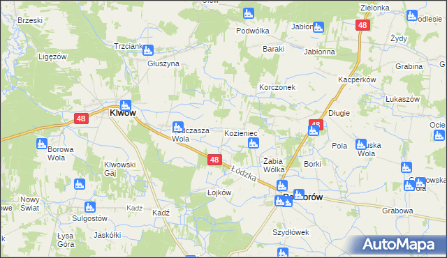 mapa Kozieniec gmina Potworów, Kozieniec gmina Potworów na mapie Targeo