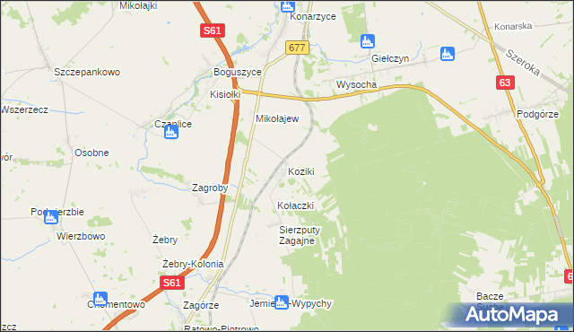 mapa Koziki gmina Śniadowo, Koziki gmina Śniadowo na mapie Targeo