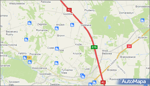 mapa Koźle gmina Stryków, Koźle gmina Stryków na mapie Targeo