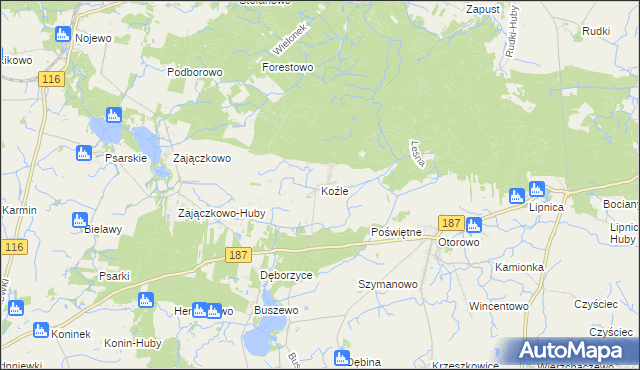 mapa Koźle gmina Szamotuły, Koźle gmina Szamotuły na mapie Targeo