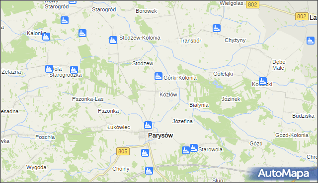 mapa Kozłów gmina Parysów, Kozłów gmina Parysów na mapie Targeo