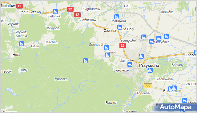 mapa Kozłowiec gmina Przysucha, Kozłowiec gmina Przysucha na mapie Targeo