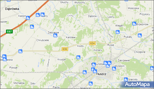mapa Kozły gmina Tłuszcz, Kozły gmina Tłuszcz na mapie Targeo