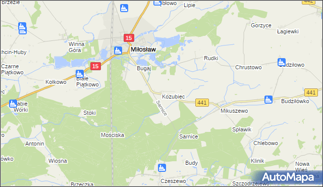 mapa Kozubiec gmina Miłosław, Kozubiec gmina Miłosław na mapie Targeo