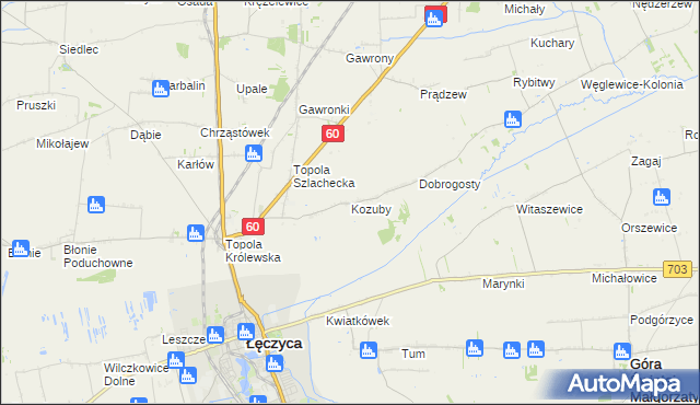 mapa Kozuby gmina Łęczyca, Kozuby gmina Łęczyca na mapie Targeo