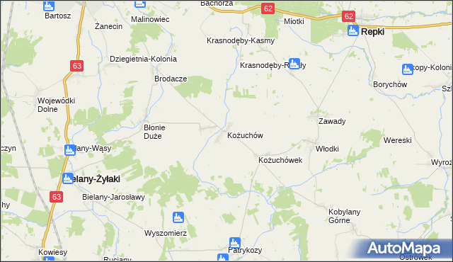 mapa Kożuchów gmina Bielany, Kożuchów gmina Bielany na mapie Targeo
