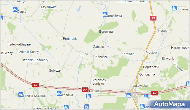 mapa Kożuszki gmina Międzyrzec Podlaski, Kożuszki gmina Międzyrzec Podlaski na mapie Targeo