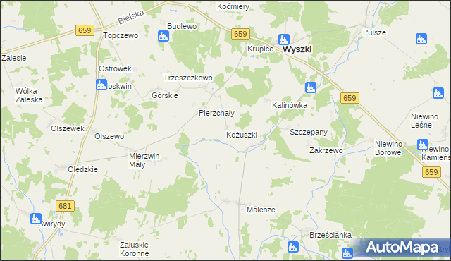 mapa Kożuszki gmina Wyszki, Kożuszki gmina Wyszki na mapie Targeo