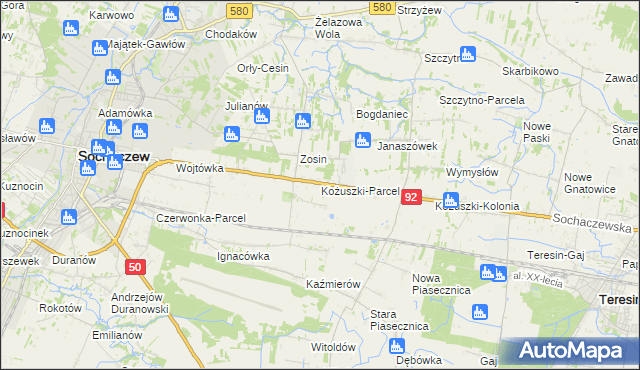 mapa Kożuszki-Parcel, Kożuszki-Parcel na mapie Targeo