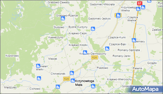 mapa Krajewo Wielkie gmina Krzynowłoga Mała, Krajewo Wielkie gmina Krzynowłoga Mała na mapie Targeo