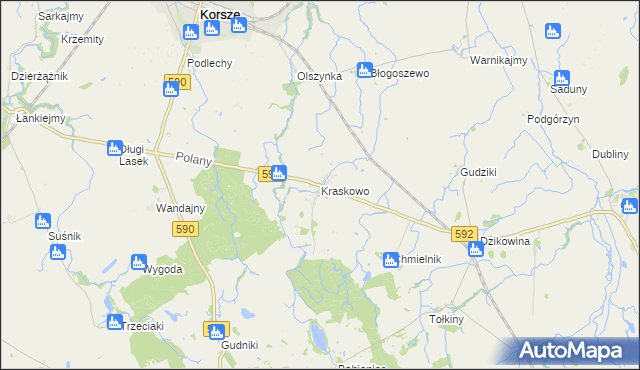 mapa Kraskowo gmina Korsze, Kraskowo gmina Korsze na mapie Targeo
