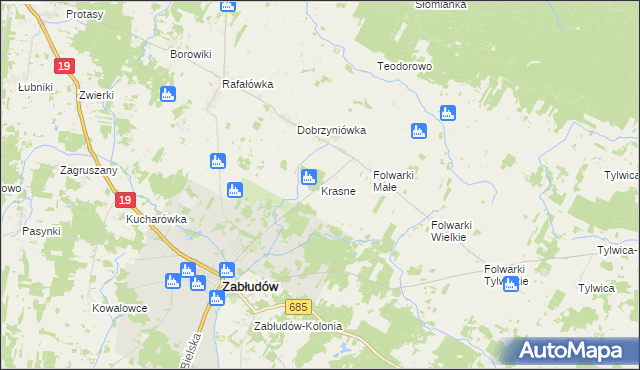 mapa Krasne gmina Zabłudów, Krasne gmina Zabłudów na mapie Targeo