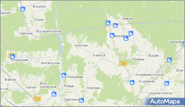 mapa Kraśnica gmina Opoczno, Kraśnica gmina Opoczno na mapie Targeo