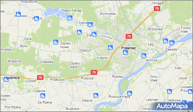 mapa Kraśnik gmina Połaniec, Kraśnik gmina Połaniec na mapie Targeo