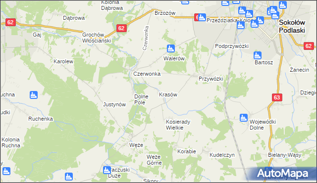 mapa Krasów gmina Sokołów Podlaski, Krasów gmina Sokołów Podlaski na mapie Targeo