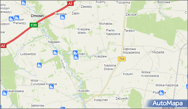 mapa Kraszew gmina Dmosin, Kraszew gmina Dmosin na mapie Targeo