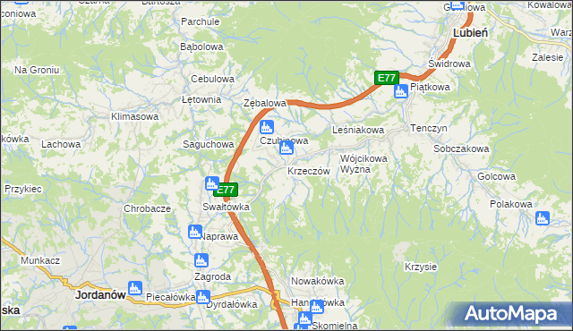 mapa Krzeczów gmina Lubień, Krzeczów gmina Lubień na mapie Targeo