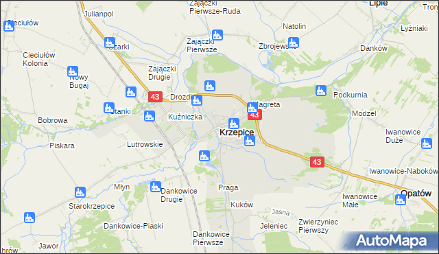 mapa Krzepice powiat kłobucki, Krzepice powiat kłobucki na mapie Targeo