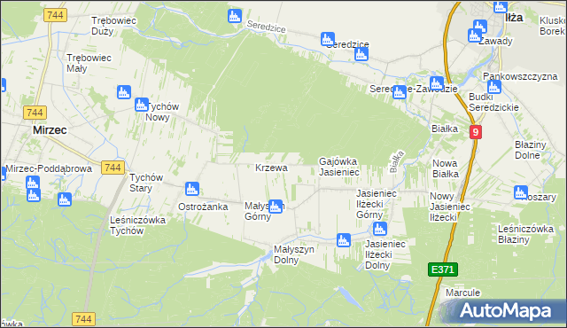 mapa Krzewa gmina Mirzec, Krzewa gmina Mirzec na mapie Targeo