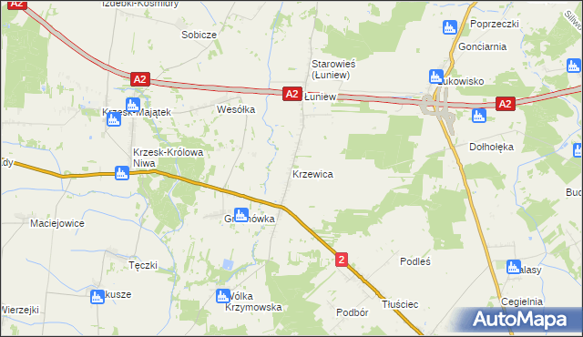 mapa Krzewica gmina Międzyrzec Podlaski, Krzewica gmina Międzyrzec Podlaski na mapie Targeo